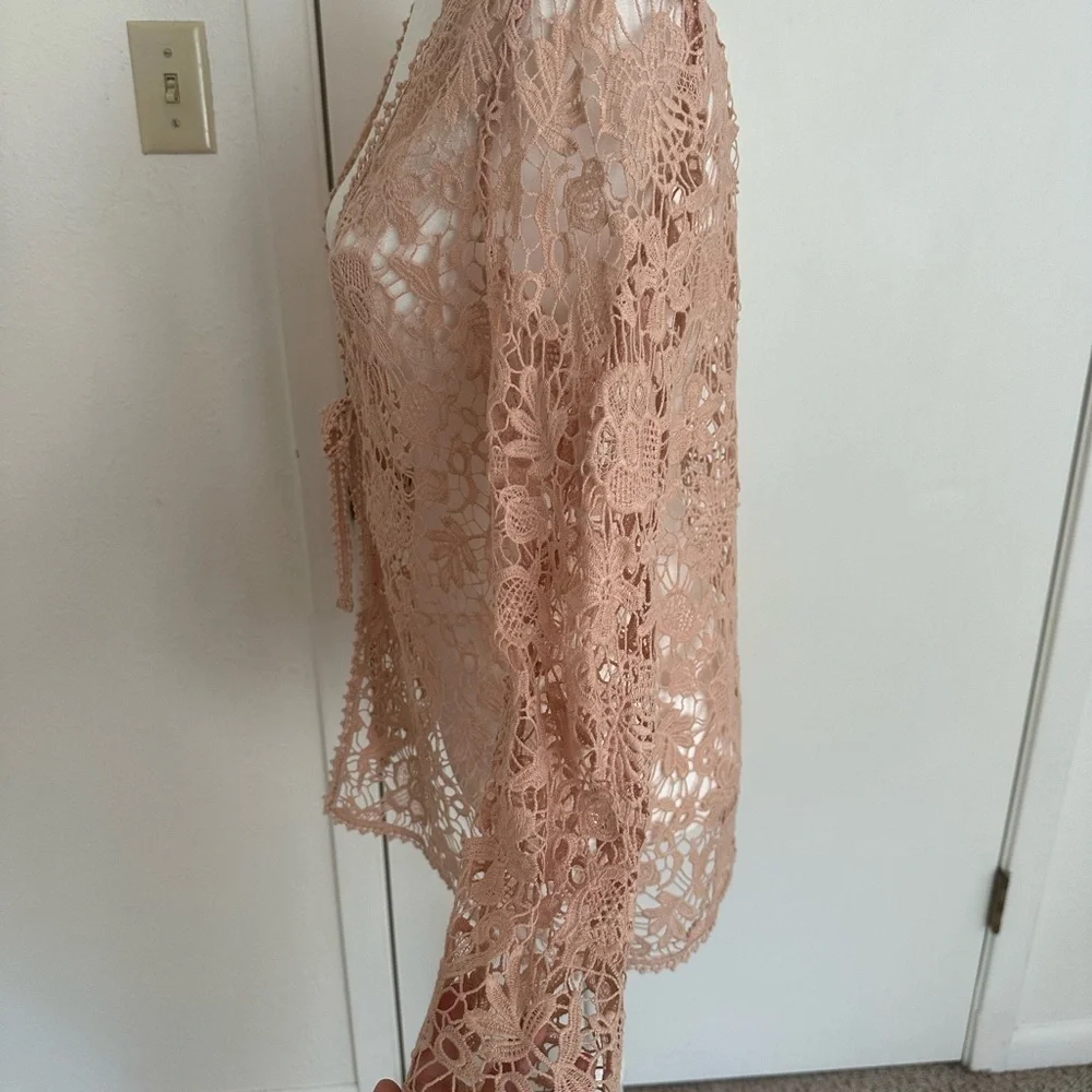 Chicos Cardigan Womens Pink Crochet Lace 30 Year Anniversary Boho Artsy Sz 0 Sm